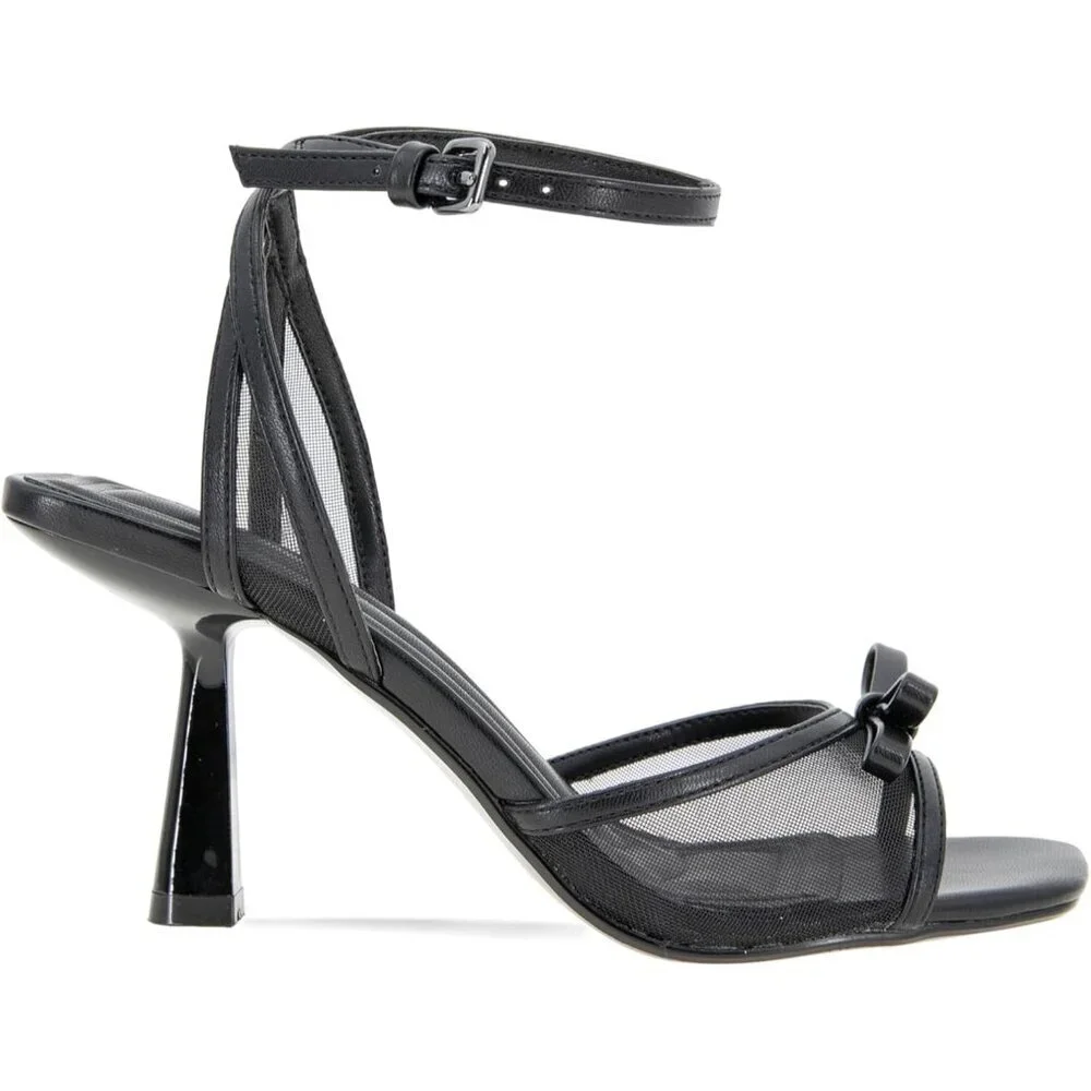 Women's Black Buckle Rino Flared Padded Footbed Heeled Sandal Square Toe Shoes - Picture 6 of 7